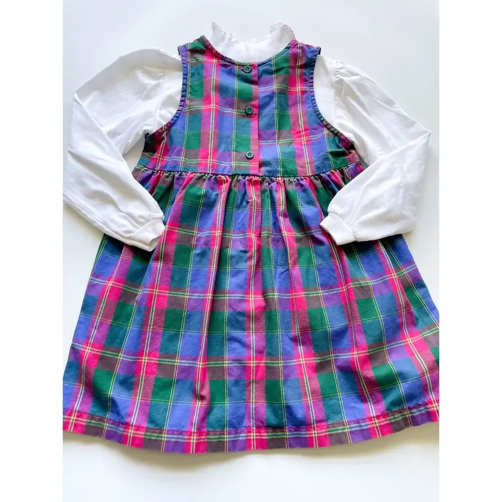 Vintage OshKosh B'Gosh Made in the USA Plaid Dress and White Long Sleeve Size 6